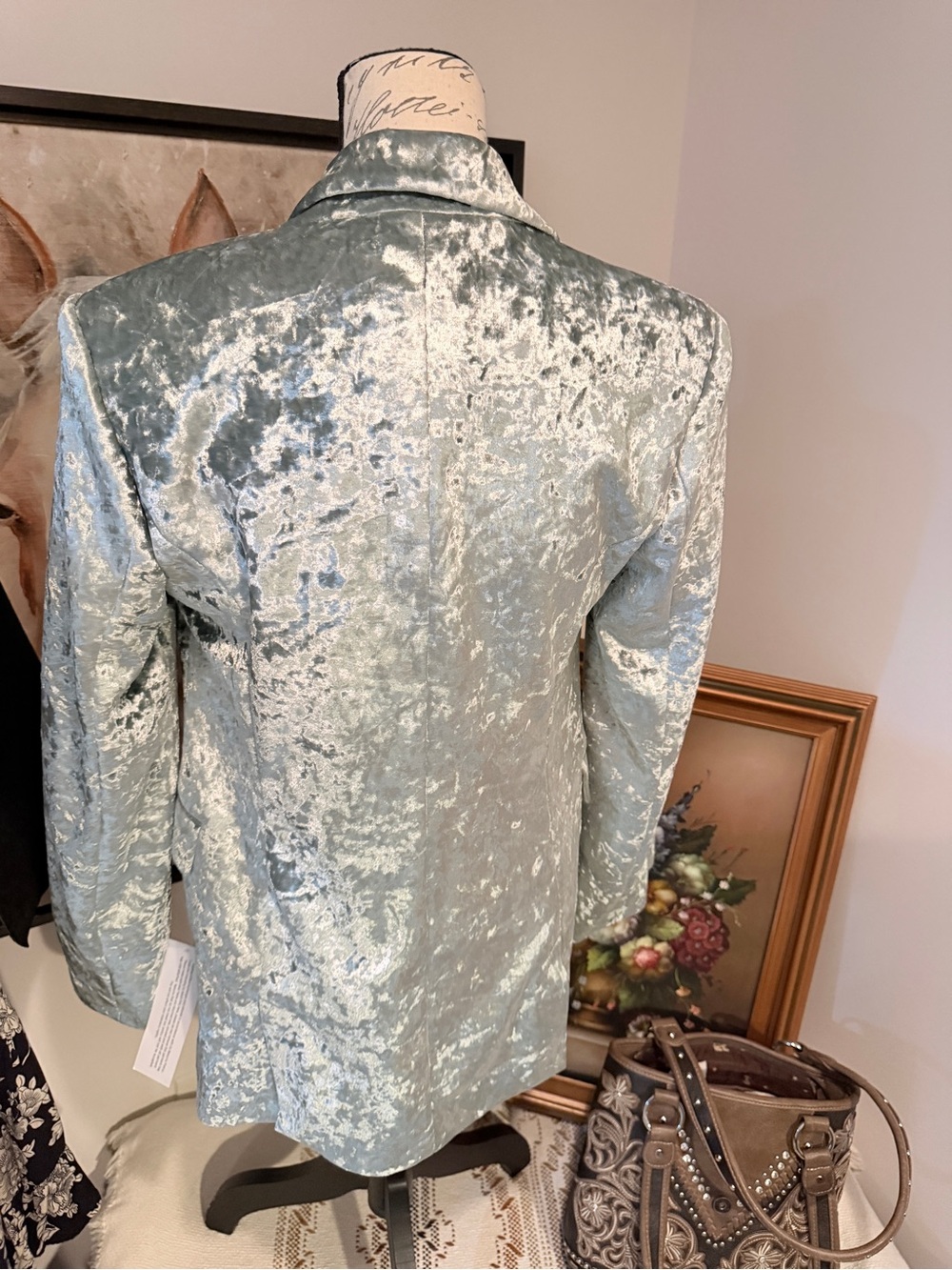 Women's Light Blue Velvet Double-Breasted Blazer - Picture 3 of 7